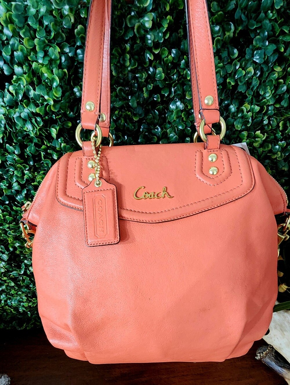 Coach Coral-Orange Leather Double-Handle Shoulder Bag